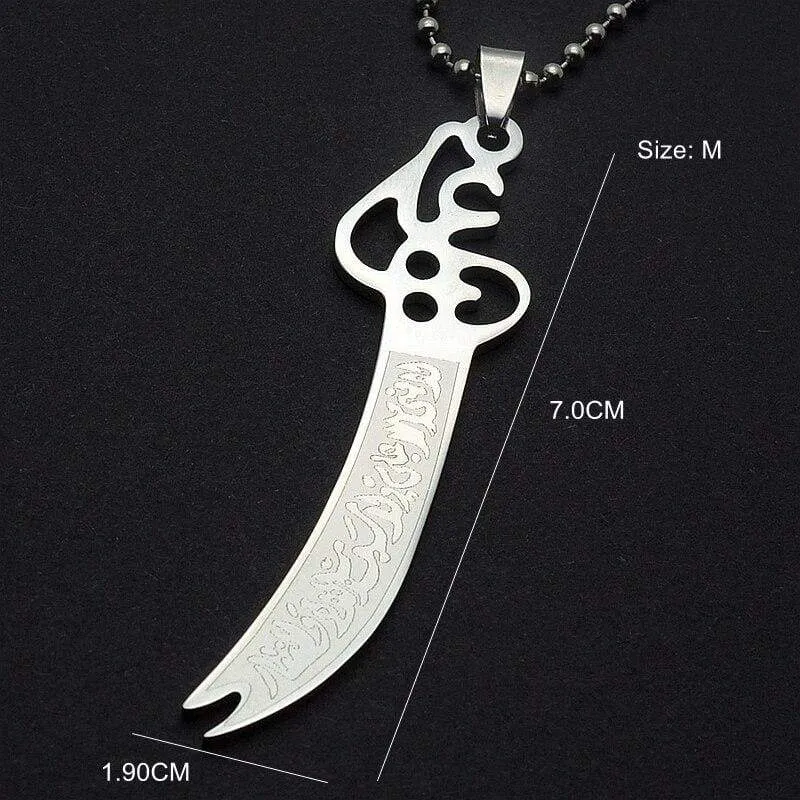 Silver Tone Islamic Imam Ali Zulfiqar Sword Pendant Necklace For Shia Muslim W/SS Chain 60CM Long For 4 Size