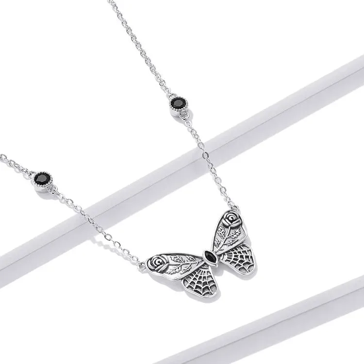 Silver Vintage Dark Gem Big Butterfly Necklace for Women 925 Sterling Silver Jewelry Ball Party Halloween Gift Choker