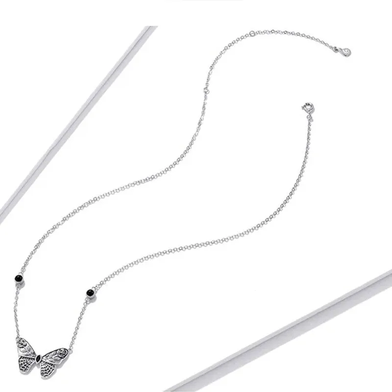 Silver Vintage Dark Gem Big Butterfly Necklace for Women 925 Sterling Silver Jewelry Ball Party Halloween Gift Choker