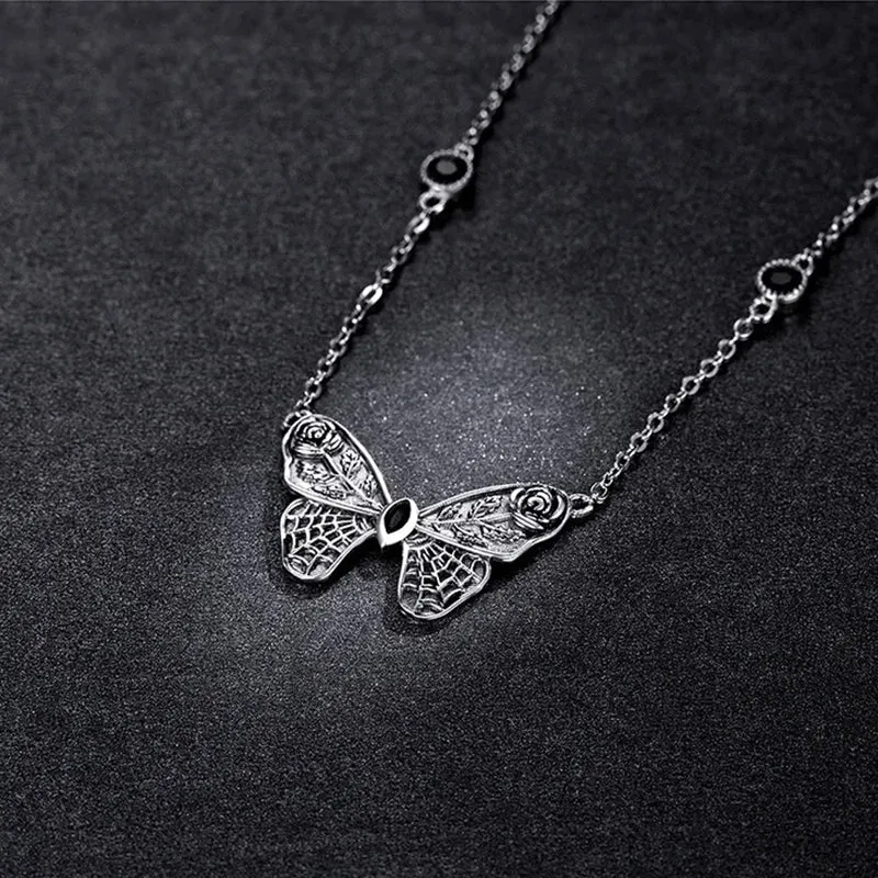 Silver Vintage Dark Gem Big Butterfly Necklace for Women 925 Sterling Silver Jewelry Ball Party Halloween Gift Choker