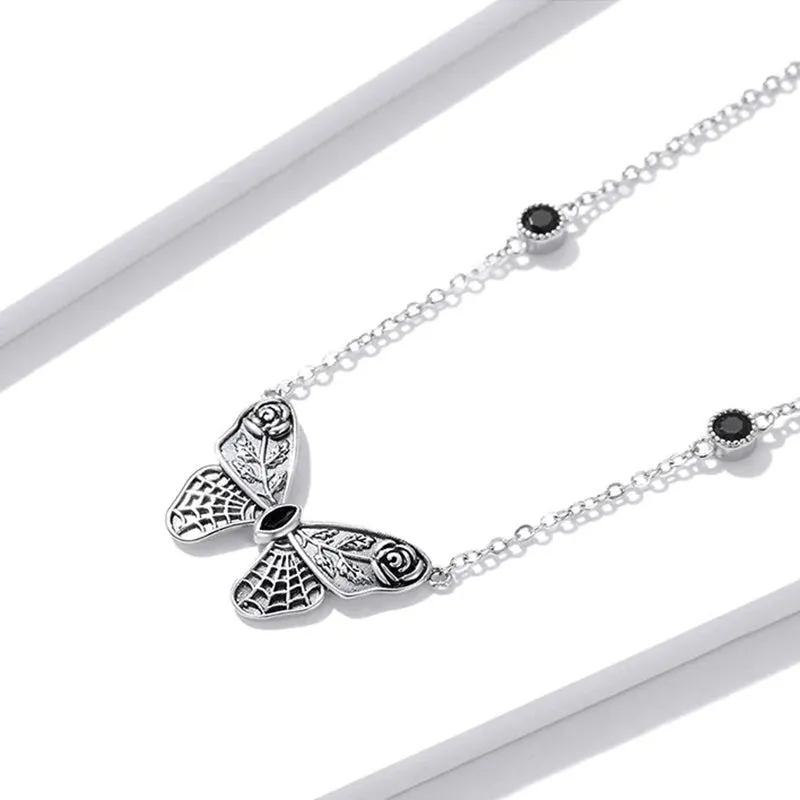 Silver Vintage Dark Gem Big Butterfly Necklace for Women 925 Sterling Silver Jewelry Ball Party Halloween Gift Choker