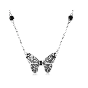 Silver Vintage Dark Gem Big Butterfly Necklace for Women 925 Sterling Silver Jewelry Ball Party Halloween Gift Choker