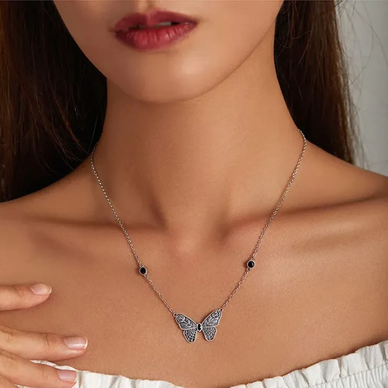 Silver Vintage Dark Gem Big Butterfly Necklace for Women 925 Sterling Silver Jewelry Ball Party Halloween Gift Choker