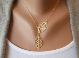 Simple European New Fashion Vintage Punk Gold Hollow Two Leaf Leaves Pendant Necklace Clavicle Chain Charm Jewelry Women