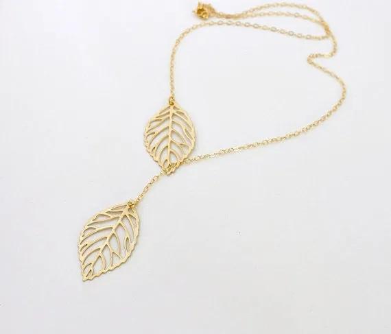 Simple European New Fashion Vintage Punk Gold Hollow Two Leaf Leaves Pendant Necklace Clavicle Chain Charm Jewelry Women