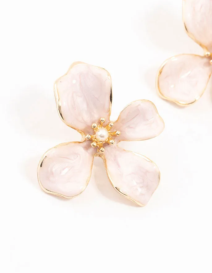 Small Pink Coated Flower Stud Earrings