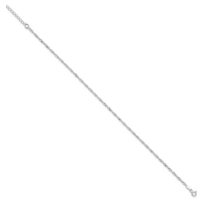 Sterling Silver 2mm Singapore 9in Plus 1in ext. Chain Anklet