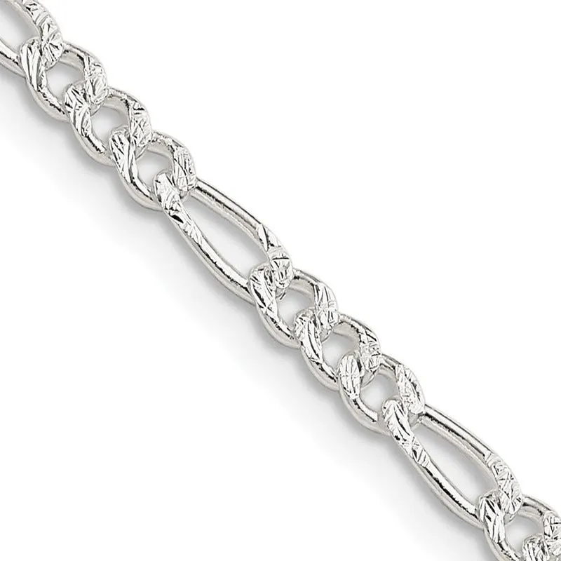 Sterling Silver 3mm Pav Flat Figaro Chain Necklace