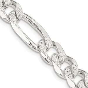 Sterling Silver 9.5mm Pav‚ Flat Figaro Chain Necklace