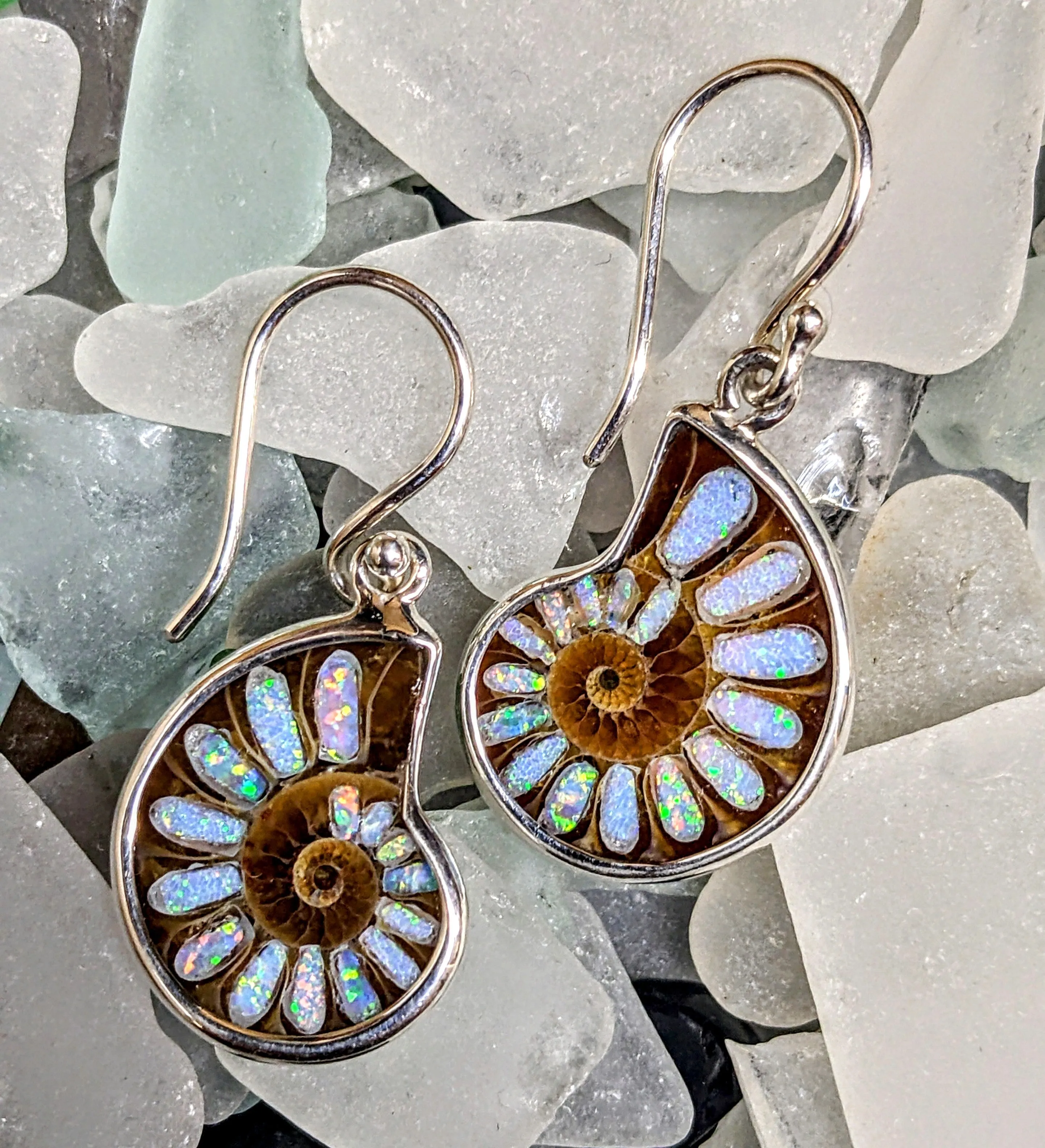 Stunning Ammonite with Inlaid Fire Opal Earrings