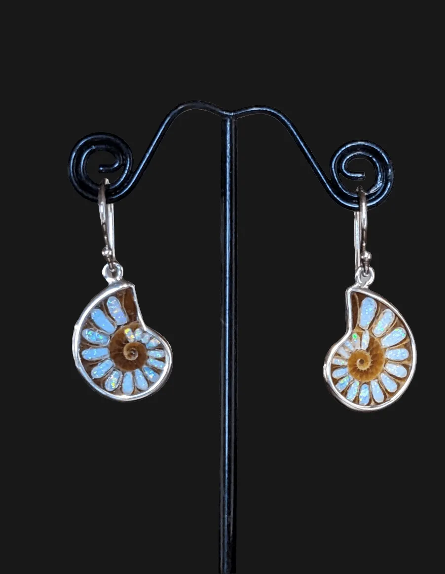 Stunning Ammonite with Inlaid Fire Opal Earrings