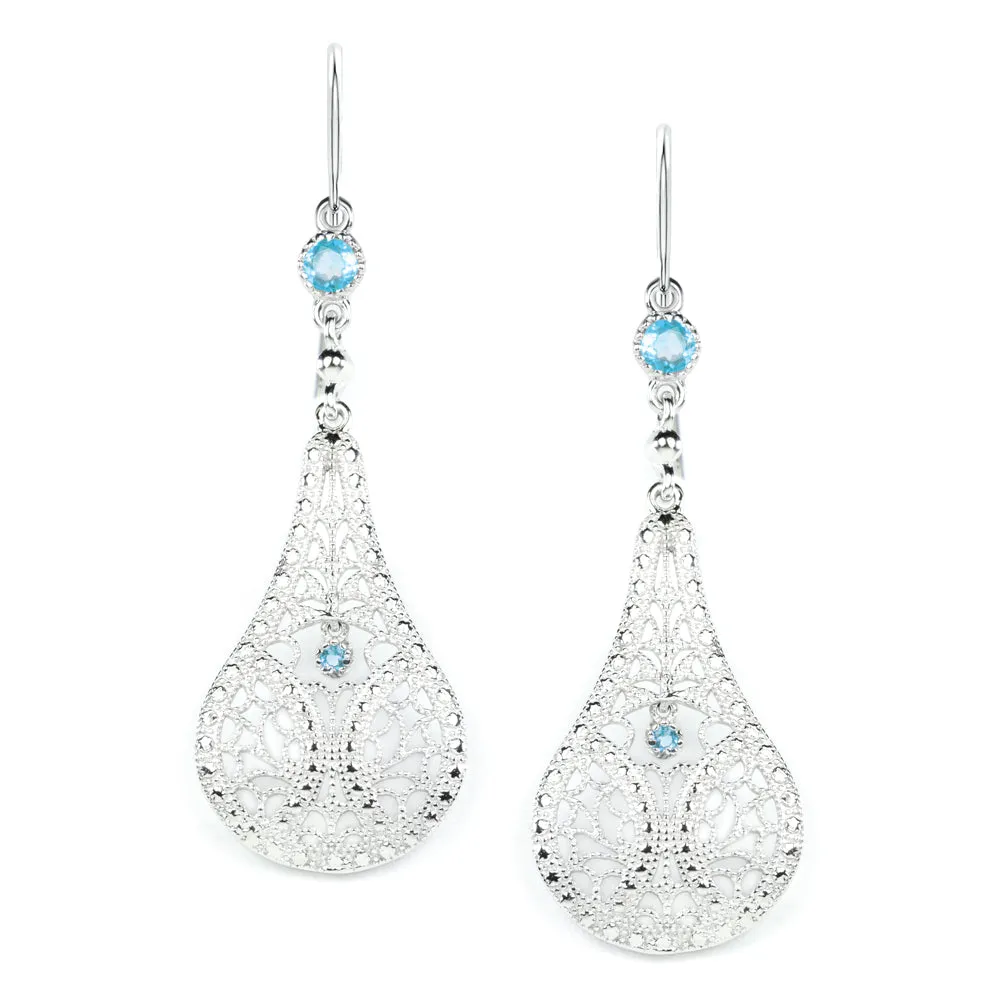 SWISS BLUE TOPAZ FILIGREE EARRINGS STERLING SILVER DANGLE TEARDROP VINTAGE STYLE