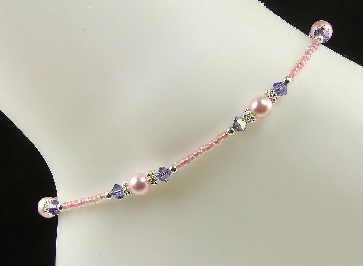 Tanzanite Pink Rose Crystal Pearl Anklet