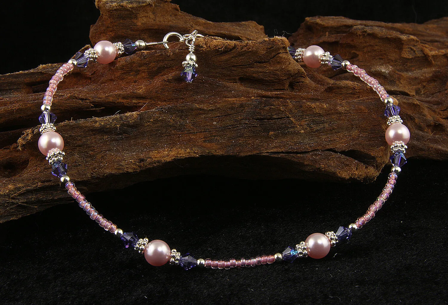 Tanzanite Pink Rose Crystal Pearl Anklet