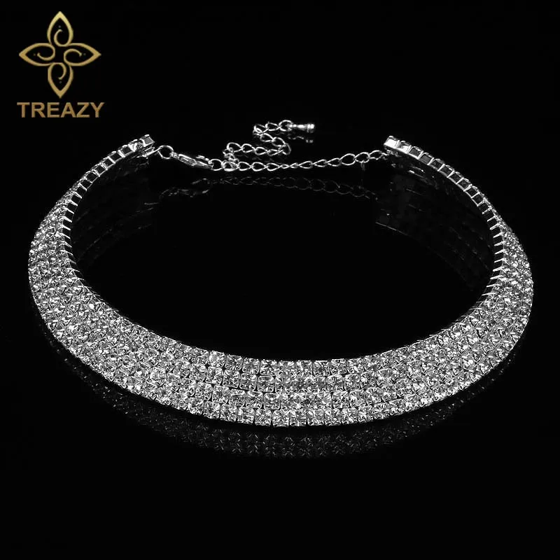 TREAZY Women Diamante Rhinestone Choker Necklace Silver Color Wedding Bridal Party Crystal Collar Choker Chain Necklace Jewelry