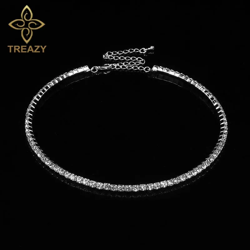 TREAZY Women Diamante Rhinestone Choker Necklace Silver Color Wedding Bridal Party Crystal Collar Choker Chain Necklace Jewelry