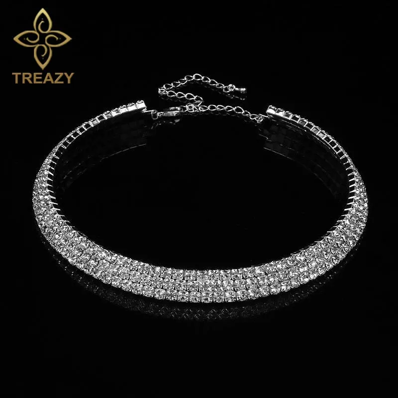 TREAZY Women Diamante Rhinestone Choker Necklace Silver Color Wedding Bridal Party Crystal Collar Choker Chain Necklace Jewelry