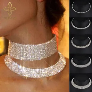 TREAZY Women Diamante Rhinestone Choker Necklace Silver Color Wedding Bridal Party Crystal Collar Choker Chain Necklace Jewelry