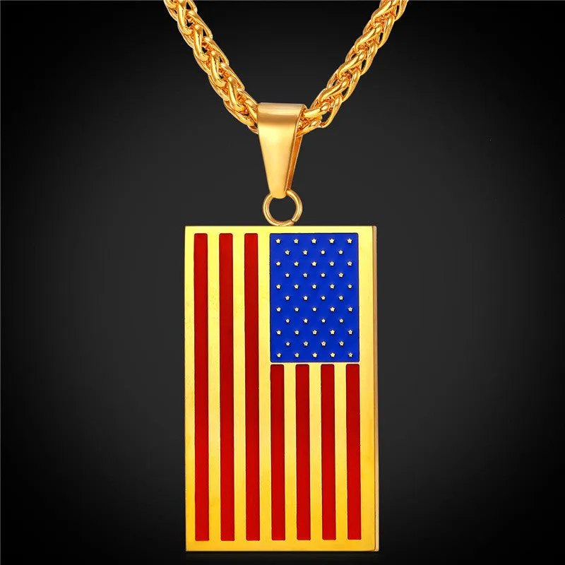 US National Flag Pendant Necklace American Fashion Jewelry Stainless Steel/Gold Plated Patriot Necklace For Men Chain