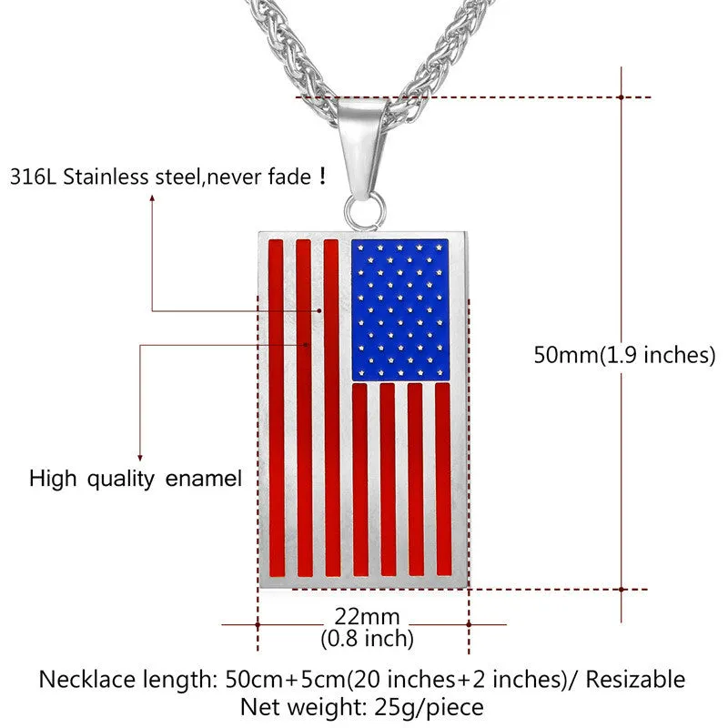 US National Flag Pendant Necklace American Fashion Jewelry Stainless Steel/Gold Plated Patriot Necklace For Men Chain