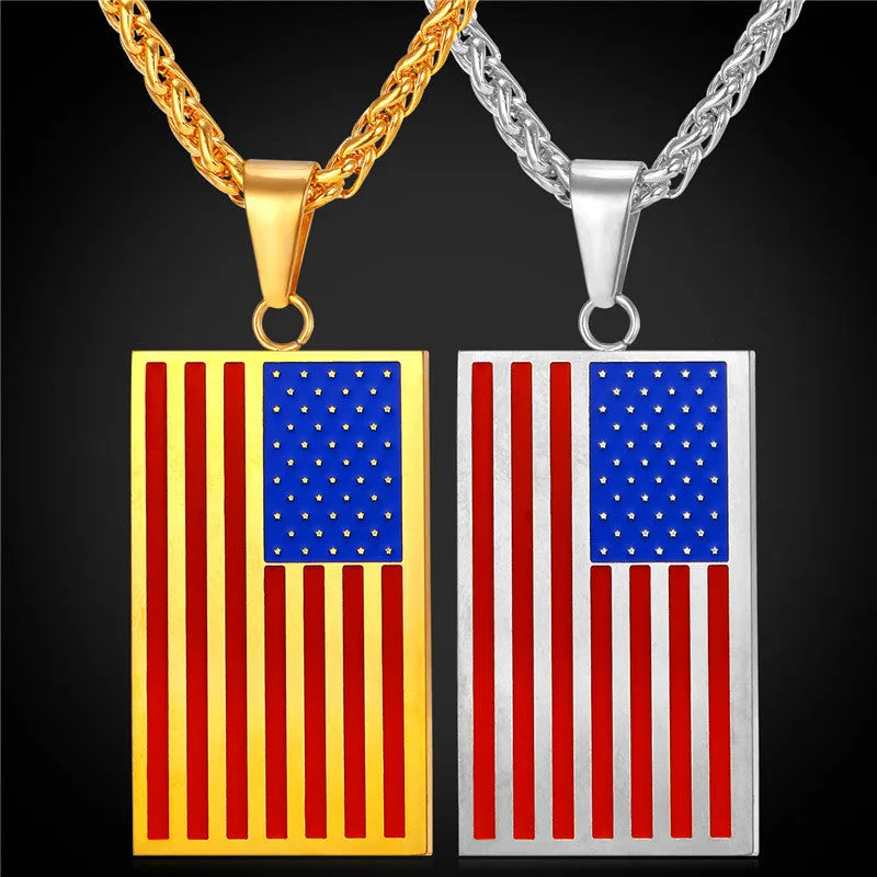 US National Flag Pendant Necklace American Fashion Jewelry Stainless Steel/Gold Plated Patriot Necklace For Men Chain