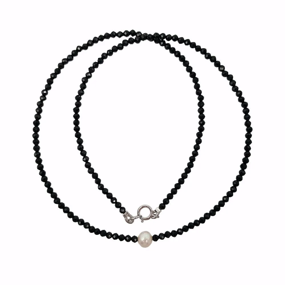 VenusFox Choker Necklace Real Black Spinel Freshwater Pearl 925 Sterling Silver Women Gift for Mothers Friend