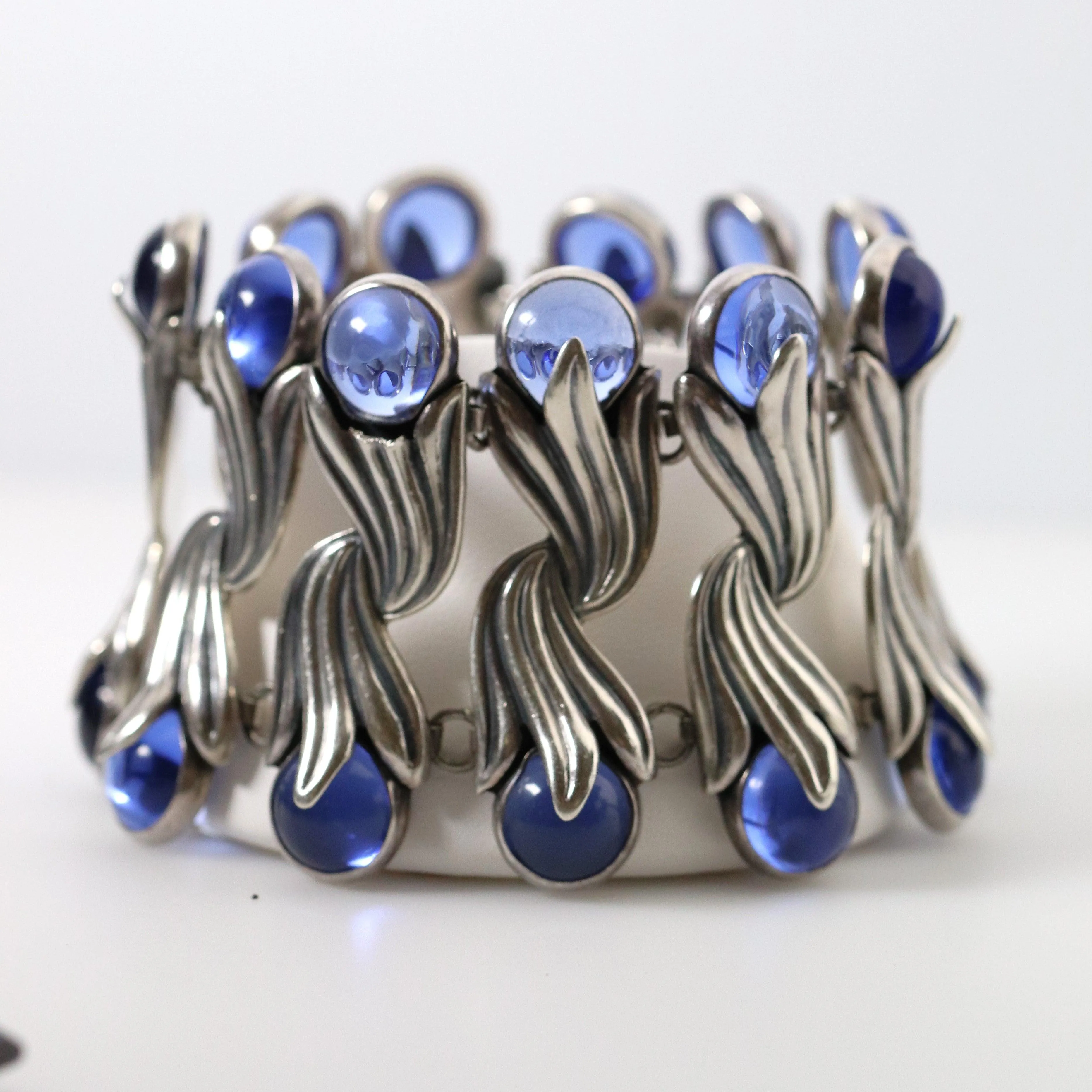 Vintage Los Castillo Taxco Mexican Jewelry | Blue Glass Tulip Statement Bracelet