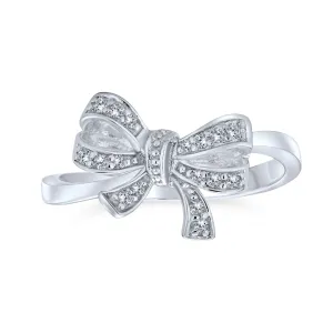 Vintage Style Bridal Pave CZ Ribbon Bow Ring .925 Sterling Silver