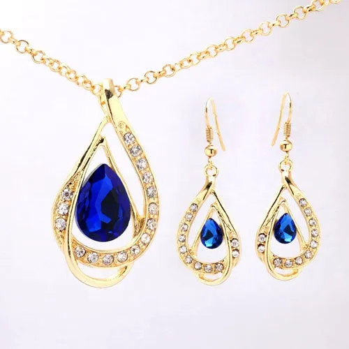 Wedding Jewelry 18k Yellow Gold Plated Sapphire Austrian Crystal Necklace Earrings Jewelry Sets