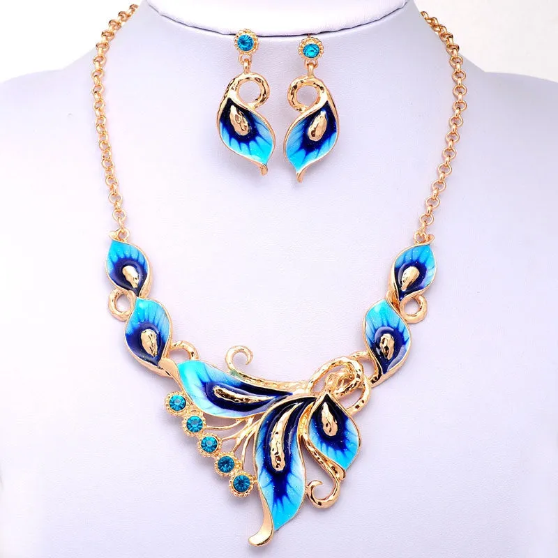 Women Austrian Crystal Enamel Jewelry Sets 18k Yellow Gold Plated flower 4 Colors Jewelry Sets Chain Necklace Earrings sets