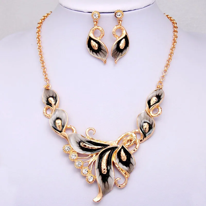 Women Austrian Crystal Enamel Jewelry Sets 18k Yellow Gold Plated flower 4 Colors Jewelry Sets Chain Necklace Earrings sets