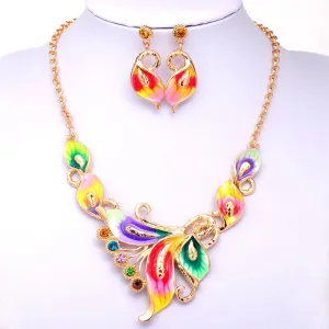 Women Austrian Crystal Enamel Jewelry Sets 18k Yellow Gold Plated flower 4 Colors Jewelry Sets Chain Necklace Earrings sets