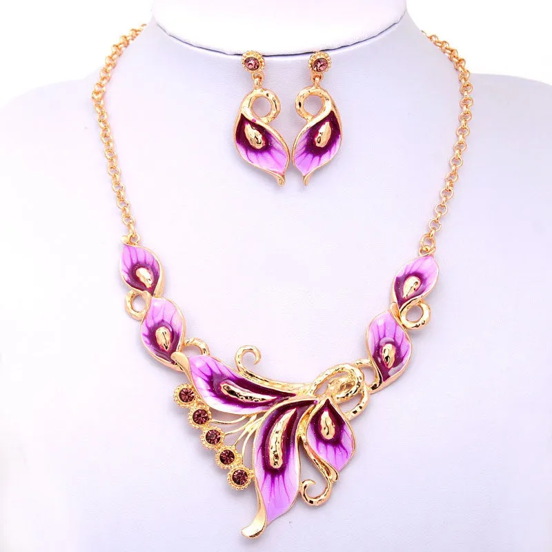 Women Austrian Crystal Enamel Jewelry Sets 18k Yellow Gold Plated flower 4 Colors Jewelry Sets Chain Necklace Earrings sets