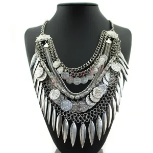 Women Gypsy Necklace Fashion Jewelry Bohemian Antique Silver Coin Necklace Vintage Trendy Turkish Indian Ethnic Necklace