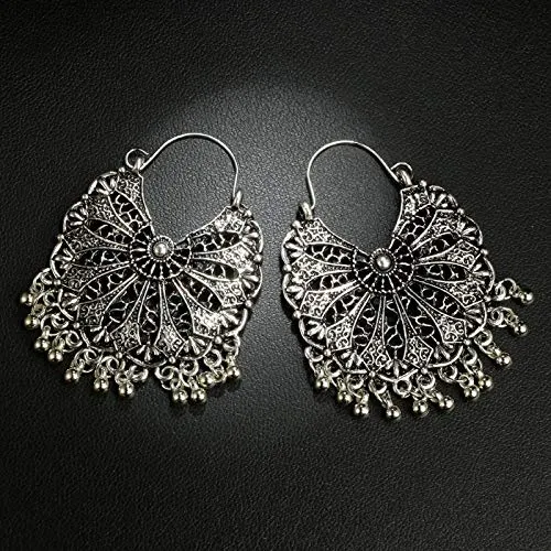 Yellow Chimes Oxidised Silver Traditional Chandbali Hoop Earrings For Women & Girls